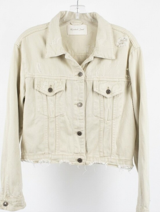 Mustard Seed Jackets & Blazers - Mustard Seed Cropped Light Tan Distressed Denim Jacket Womwn's Size Small